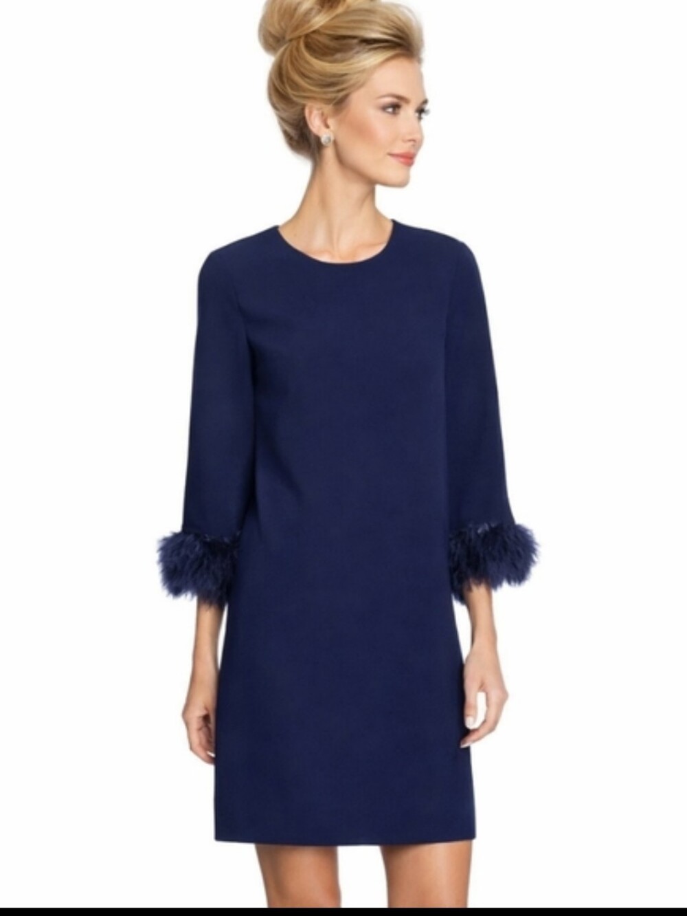 Feather Cuffs Trim Blue Sheath Dress Office Siren Cocktail Party Glam Sz 4